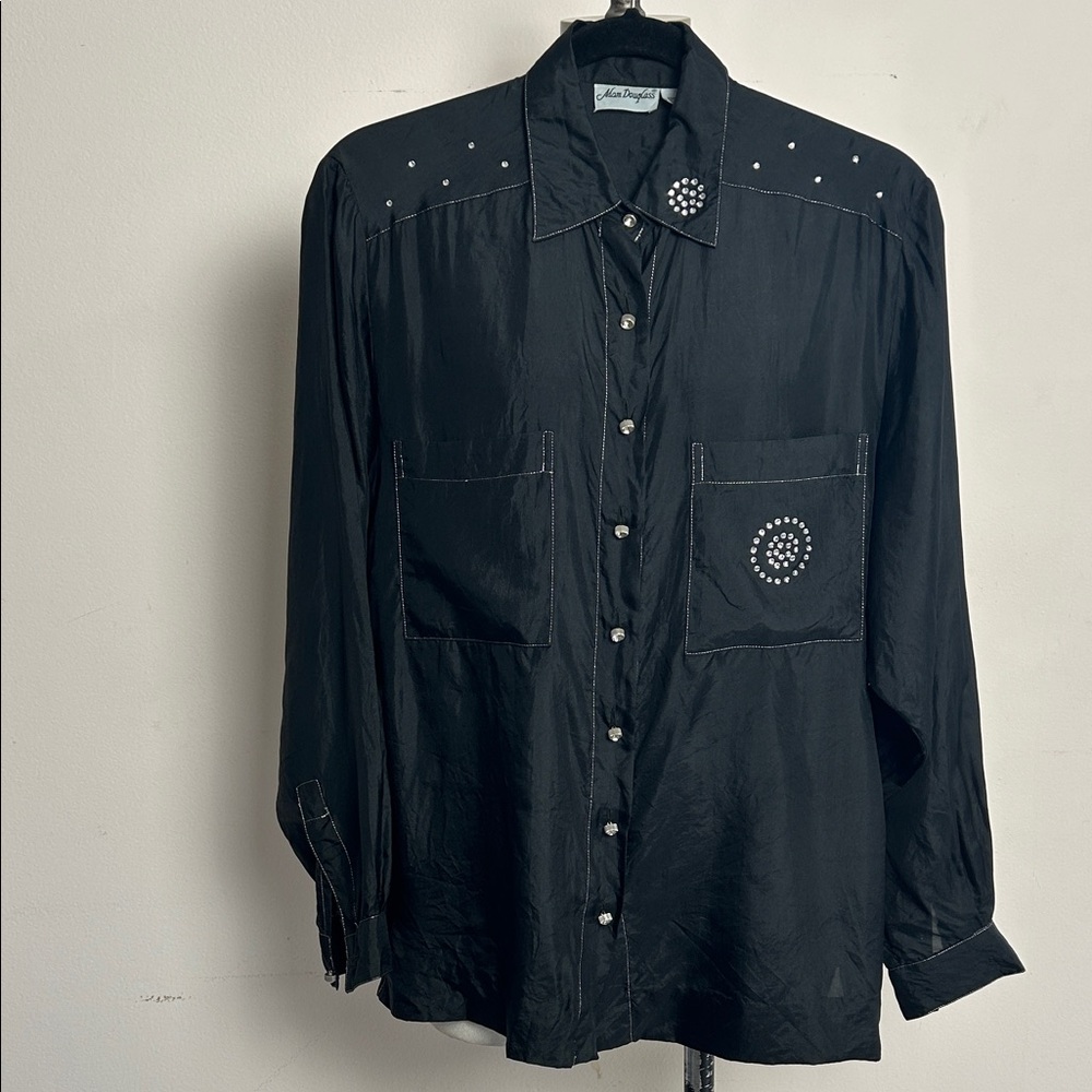 Vintage Adam Douglas Black Chiffon Silk Contrast Stitch Rhinestones shirt M